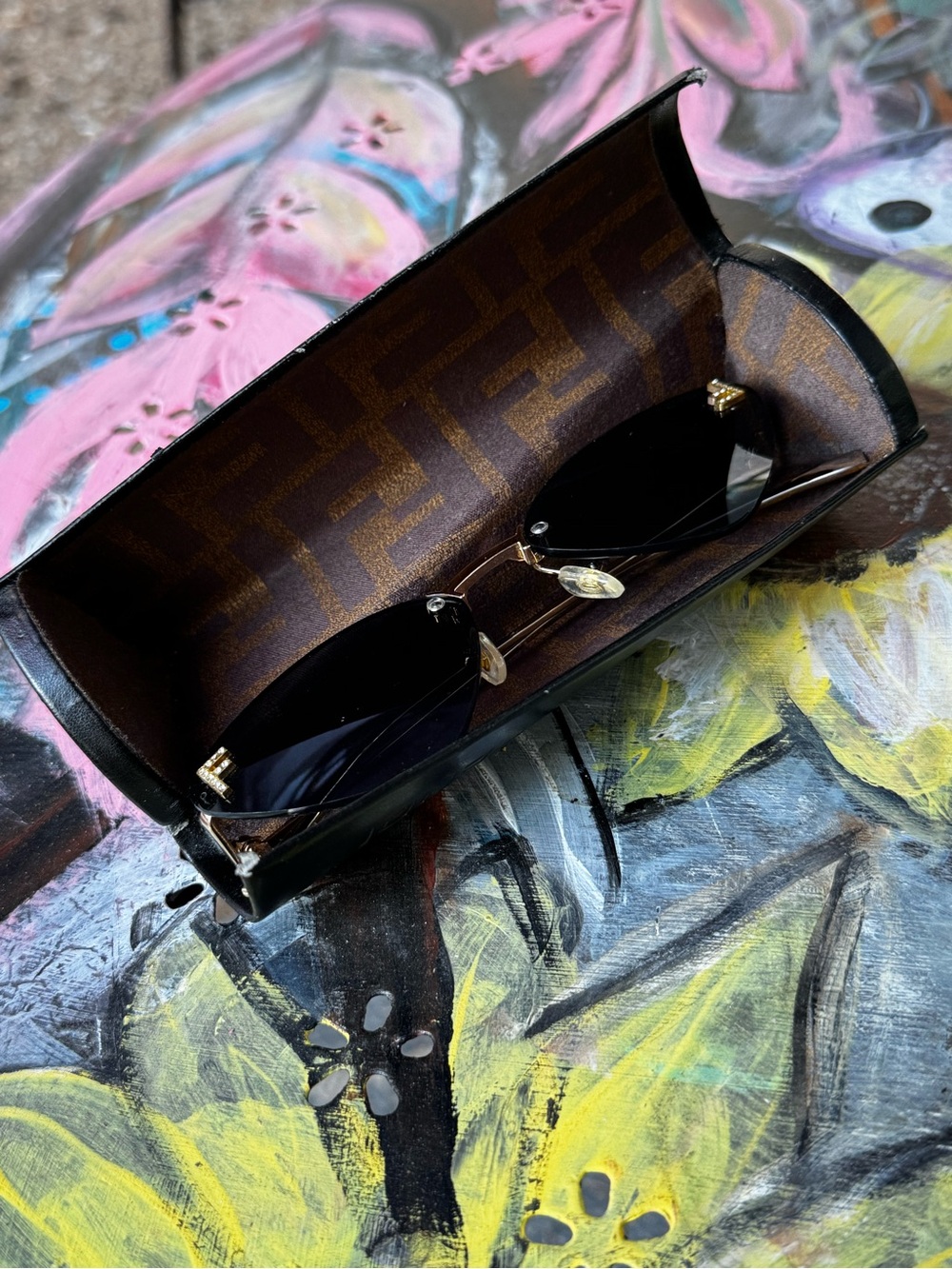 Fendi Black and Gold Sunglasses Case with Monogram Lining
